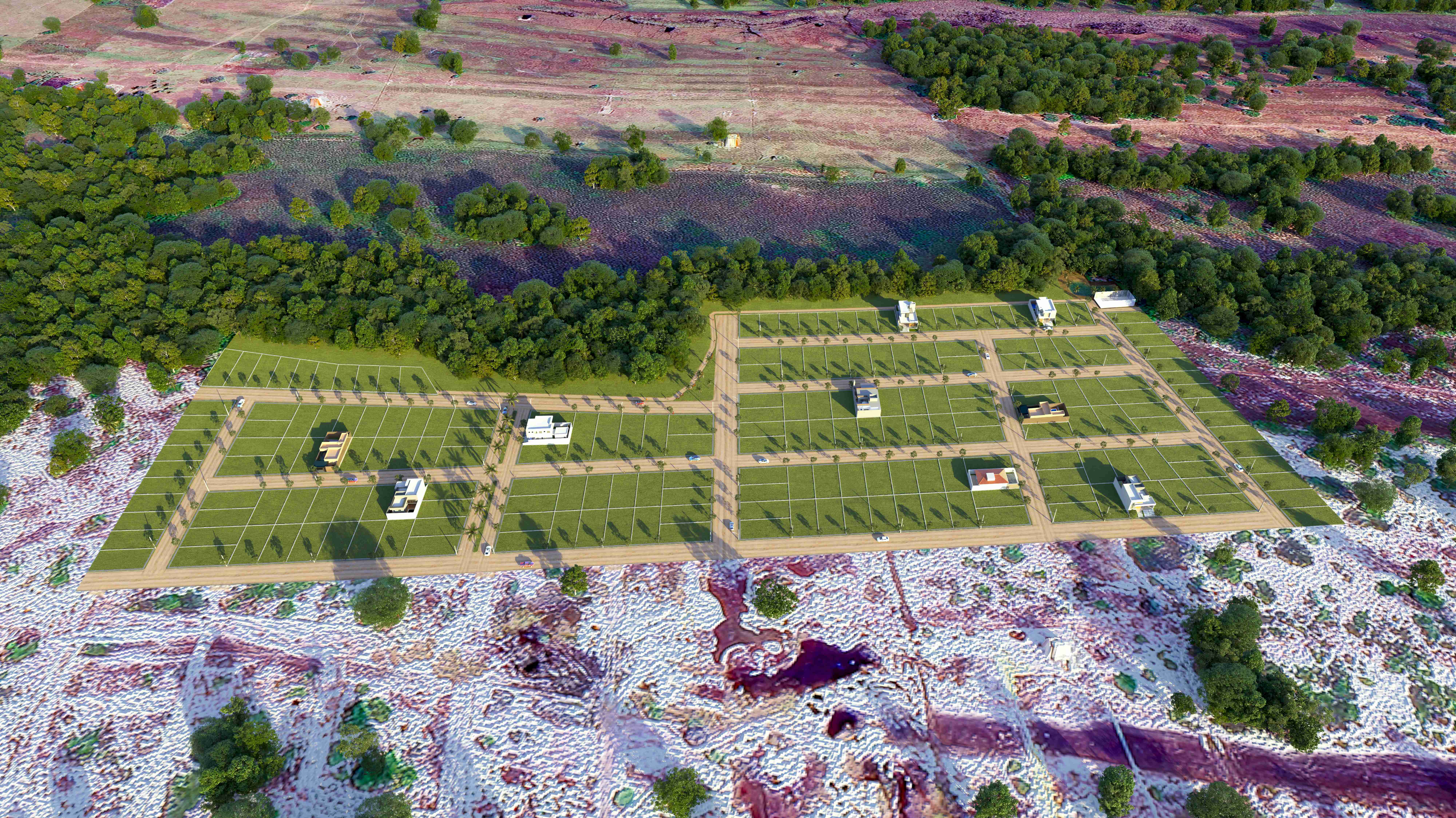 Vista aérea do loteamento Terra Vista mostrando os lotes e proximidade com a praia